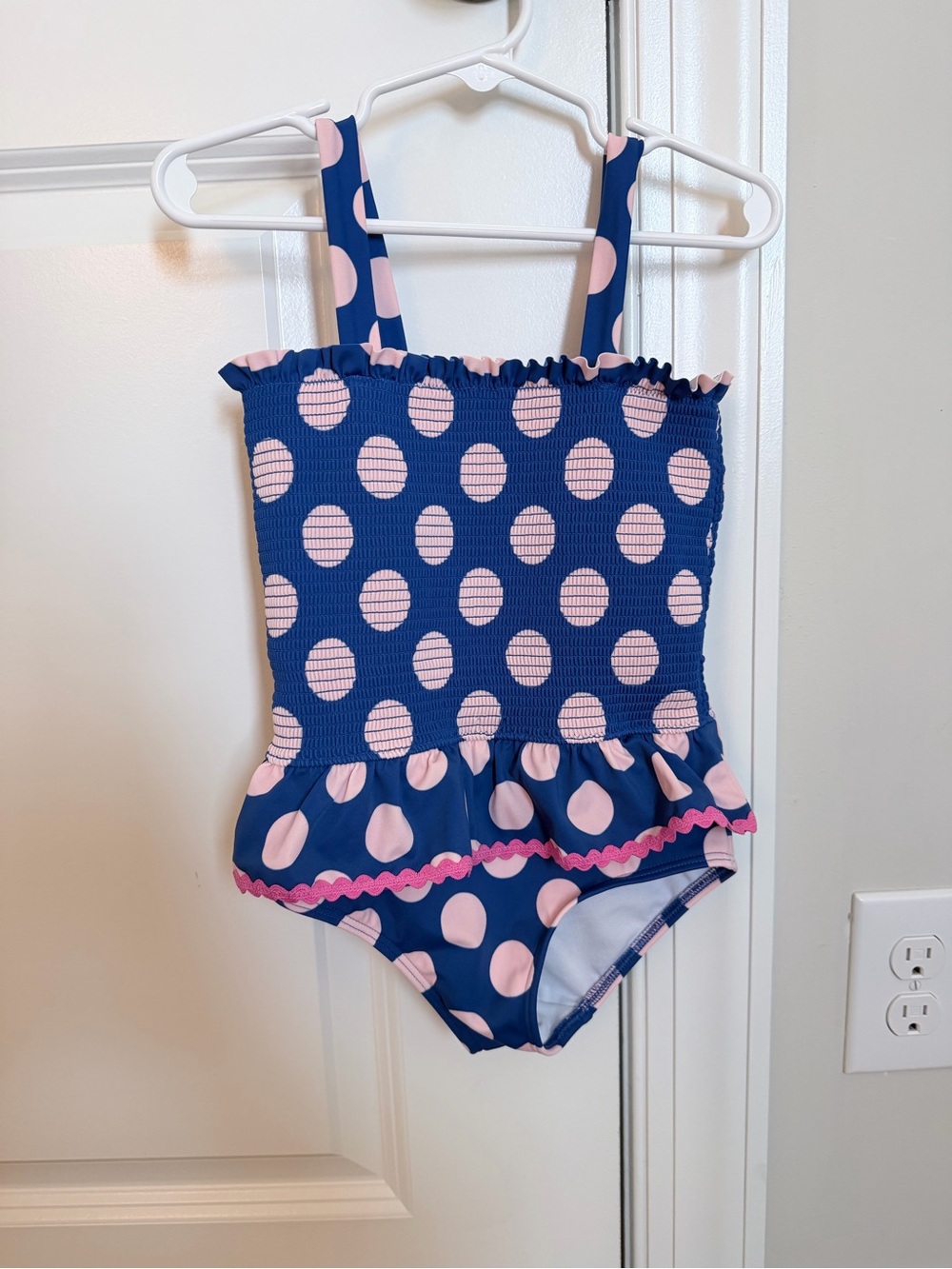Mini Boden Navy and Light Pink Polka Dot One-Piece Swimsuit